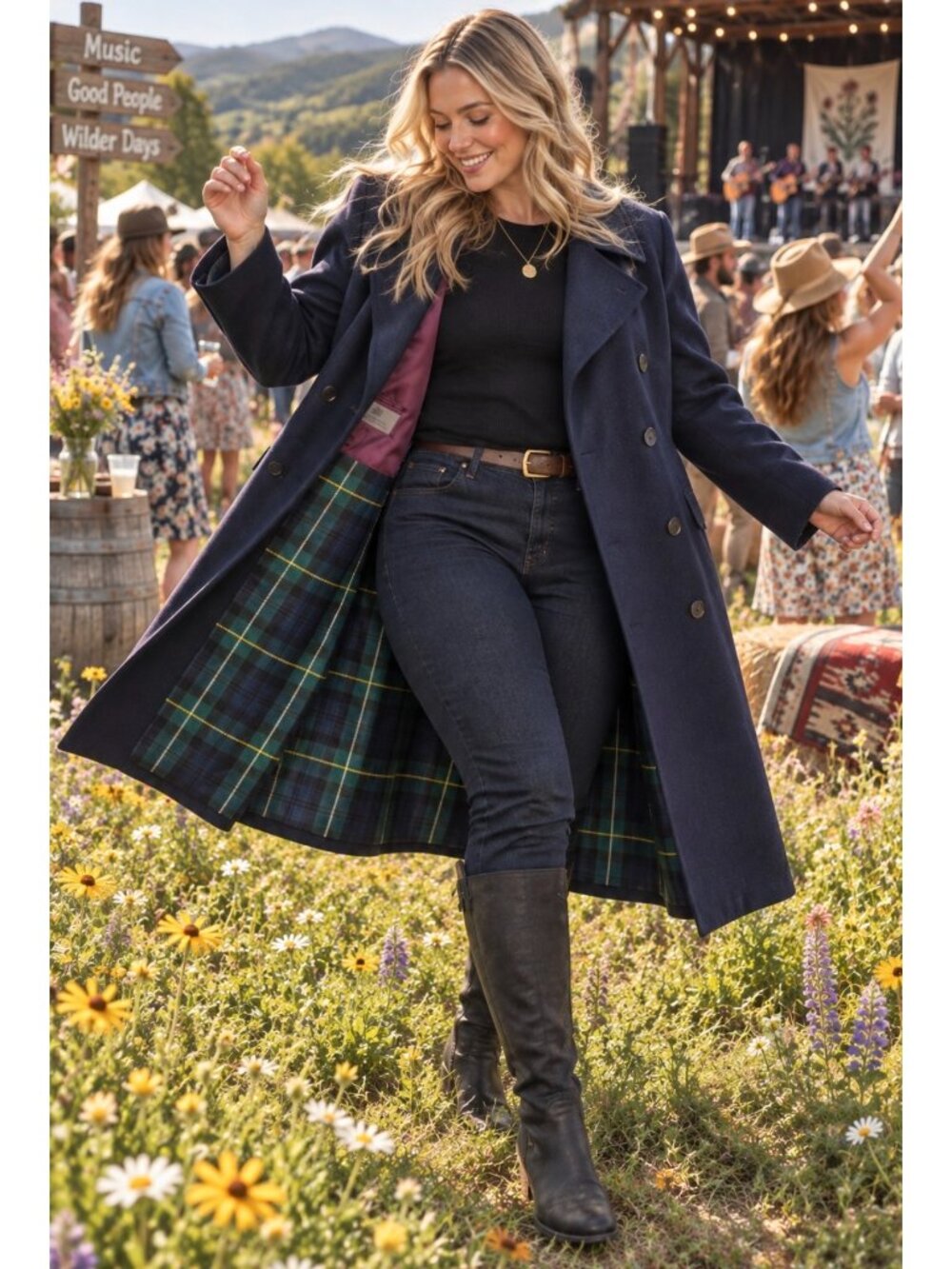 Aquascutum Womens Navy Wool Overcoat Size 16 Tartan Lining Double-Breasted 42" L